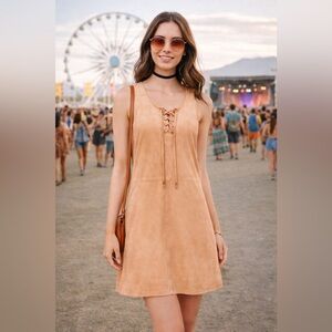 Peach Lace Up Sleeveless A Line Boho Mini Dress NWT Size M